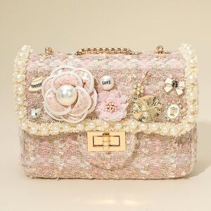 Pink Floral Pearl Stone Cluster Leaf Embellished Tweed Crossbody Bag